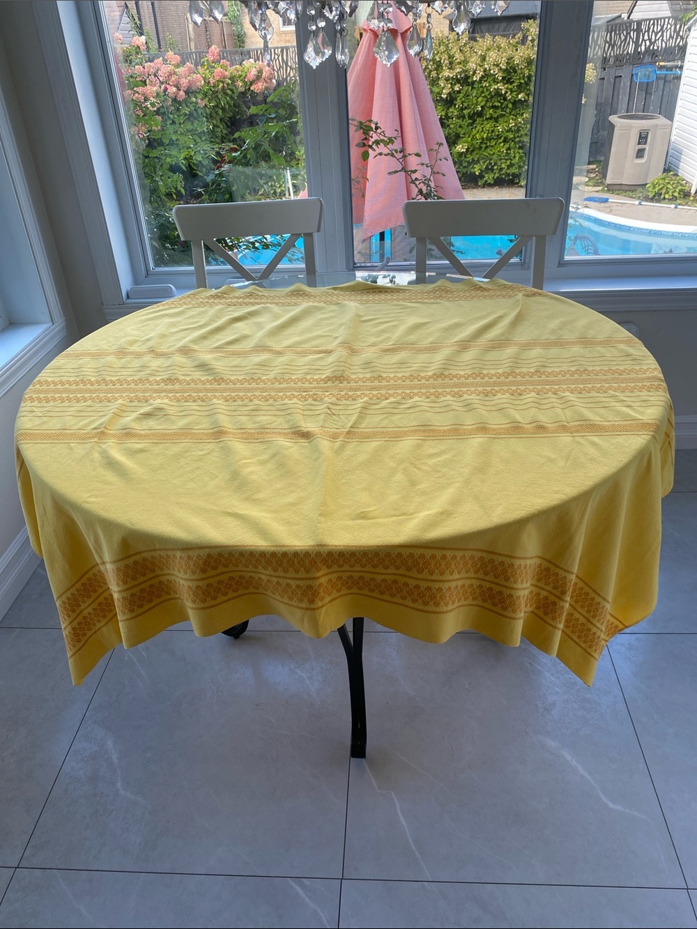 Yellow Square VTG MCM Tablecloth with Gold  pattern L:61.5”W:46”
